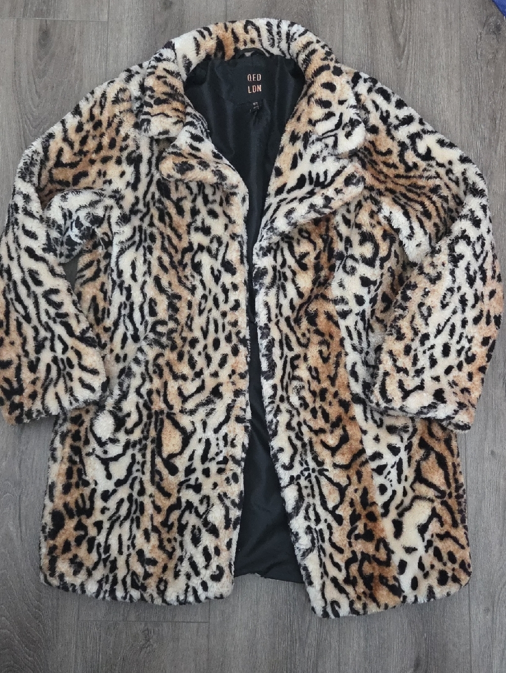 QED LDN Leopard Faux Fur Coat - Cream/Tan/Black Women Size 8